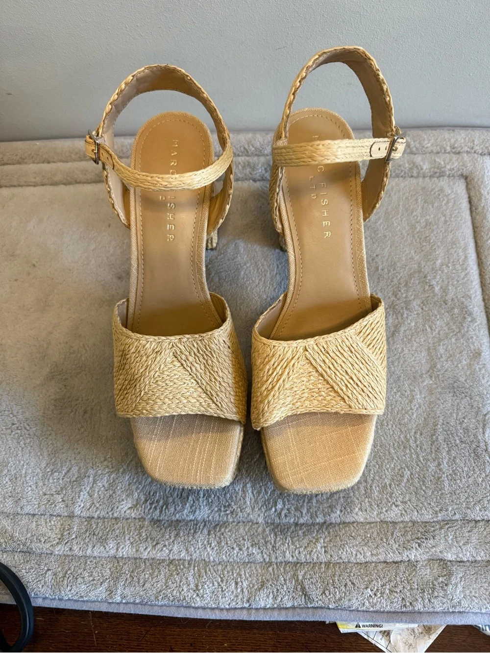 Marc Fisher Calyn Natural Rafia Woven Platform Block Heel Sandals - Beige
